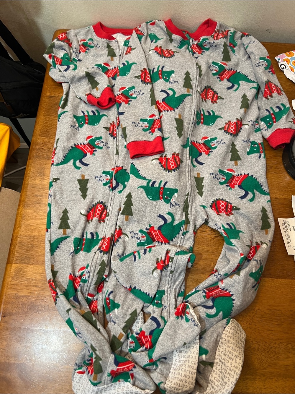 Carter's Grey Footed One-Piece with Green Dinosaur and Red Trim Set Size 4Y -6Y